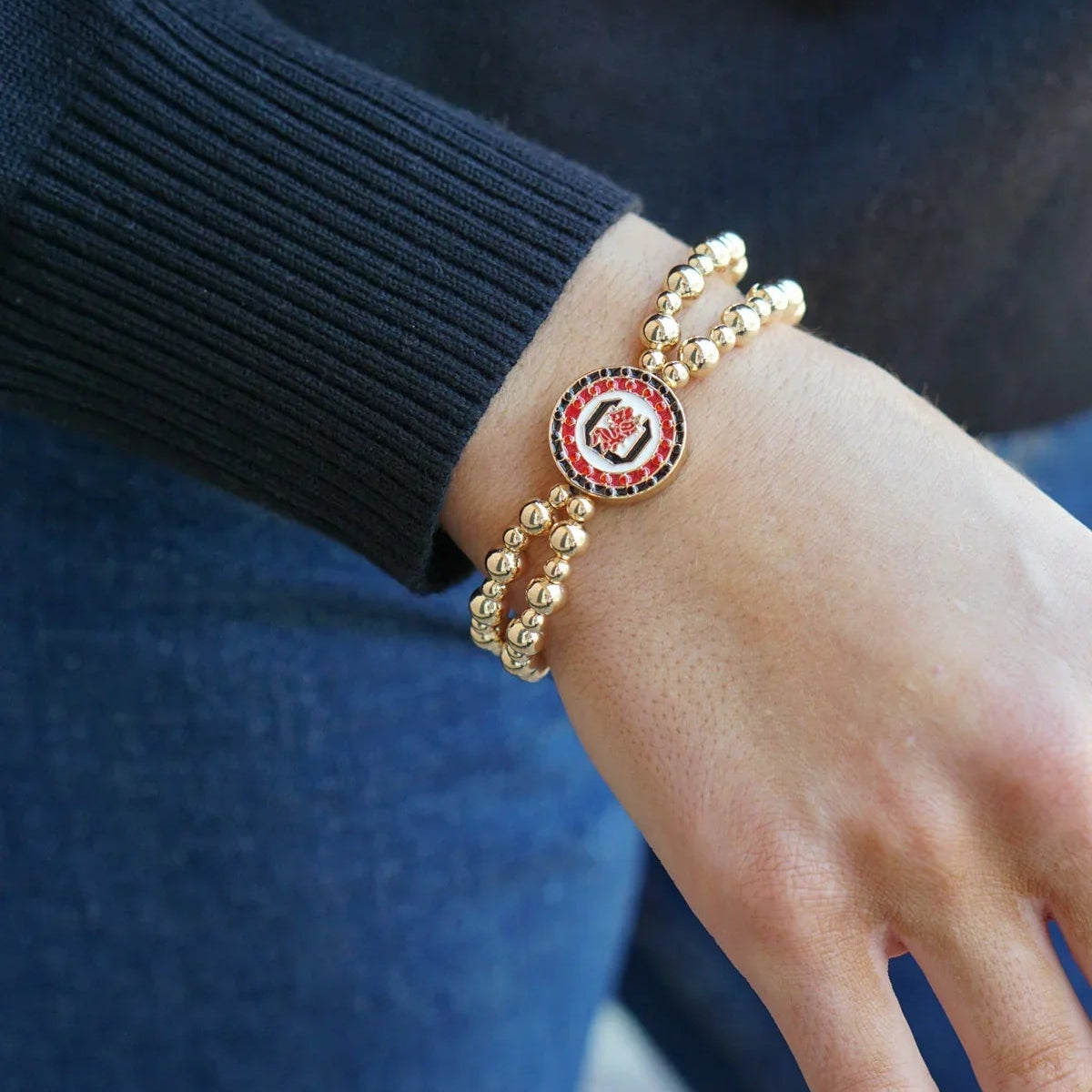 South Carolina Gamecocks Pave Disc 2-Row Ball Bead Stretch Bracelet in Shiny Gold
