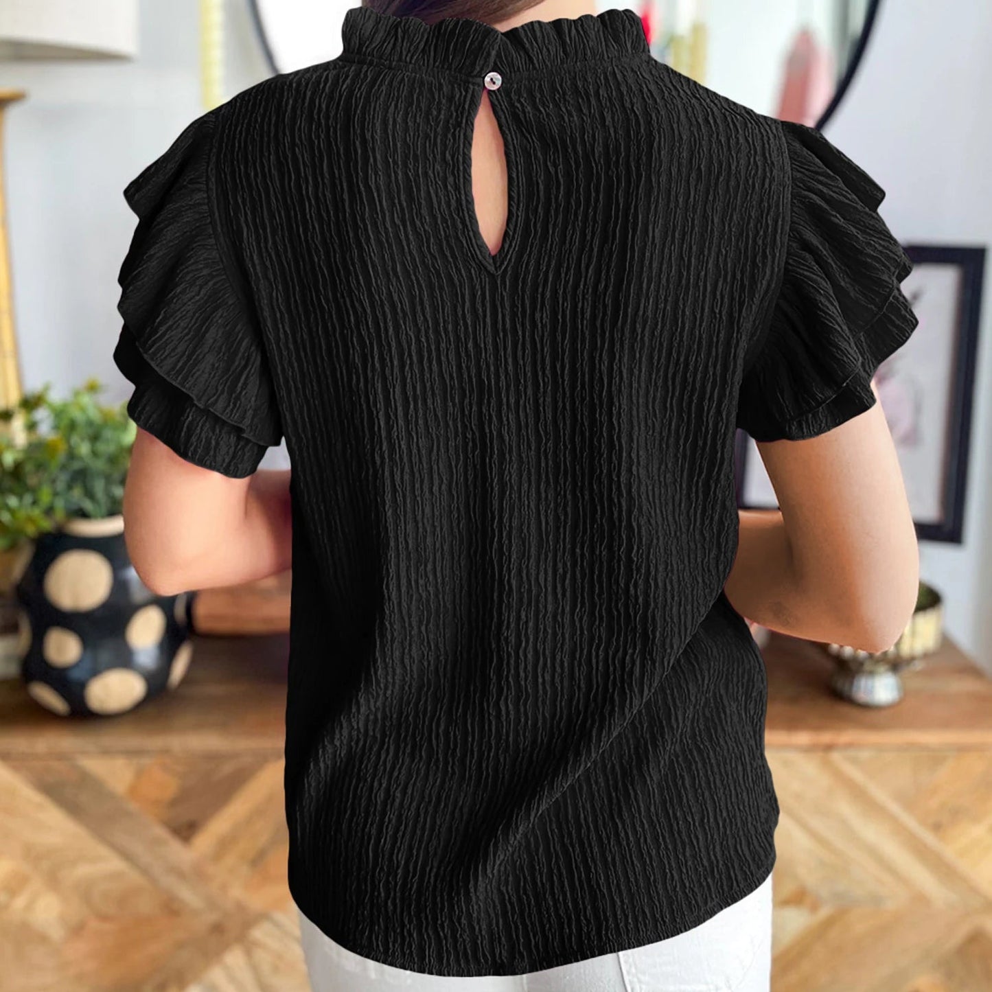 Textured Ruffle Trim Short Sleeve Blouse
