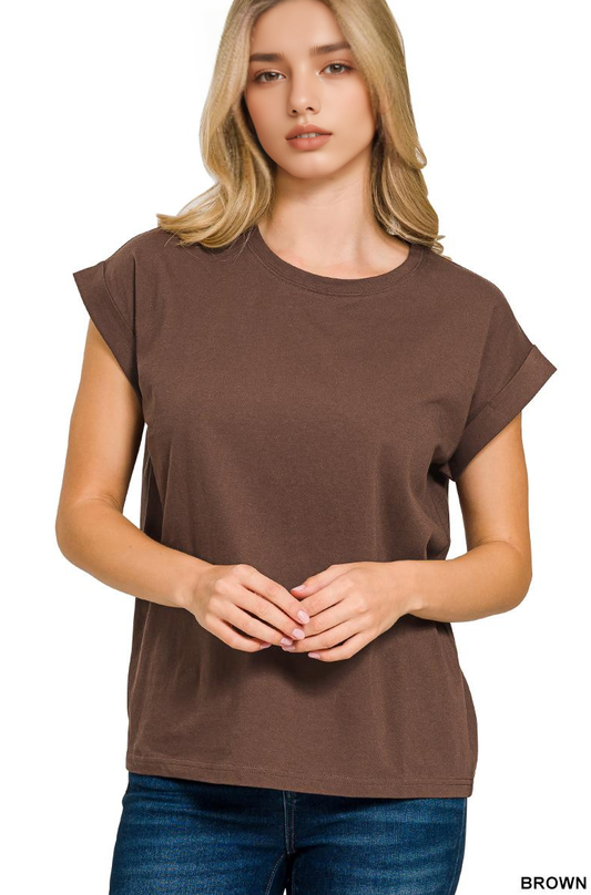 Round Neck Folded Short Sleeve T Shirt