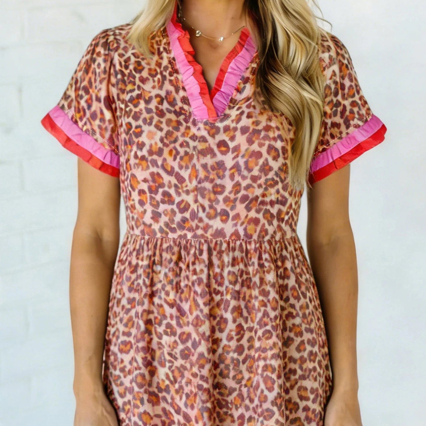 Khaki Leopard High Waist Ruffled Colorblock Trim Short Dress