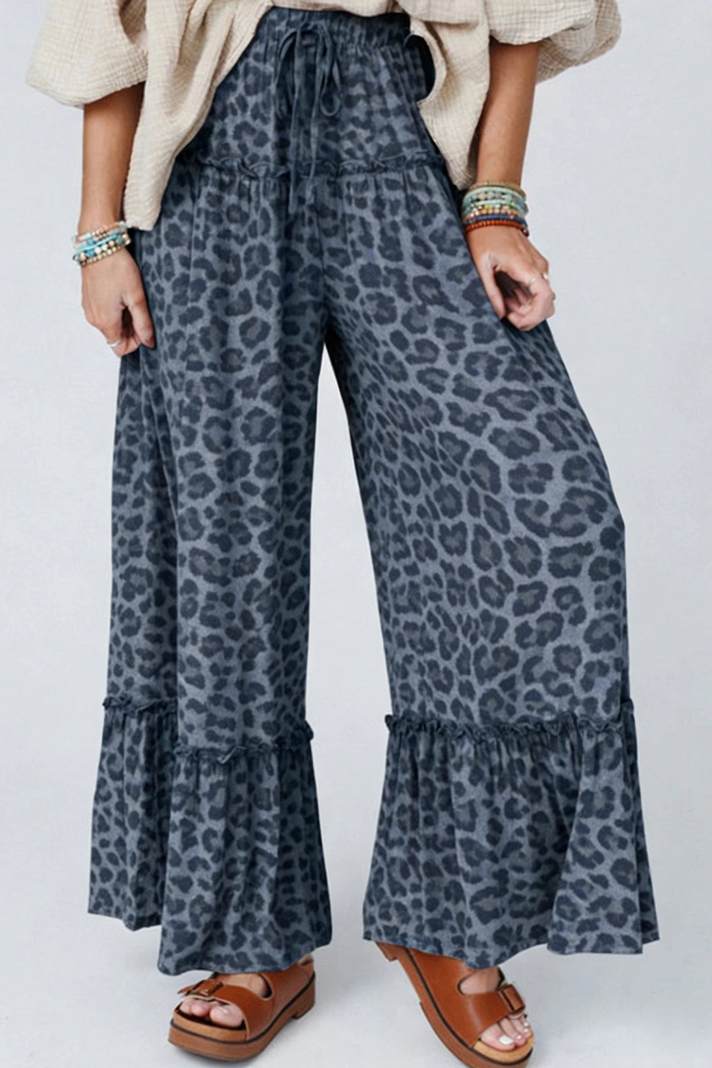 Gray Wild Leopard Print Frilled Detail Drawstring Wide Leg Pants