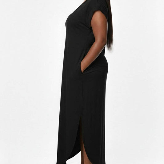 Plus Size Hidden Pocket Batwing Sleeve V Neck Maxi