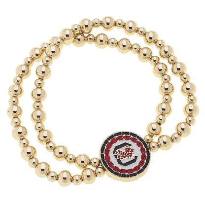 South Carolina Gamecocks Pave Disc 2-Row Ball Bead Stretch Bracelet in Shiny Gold
