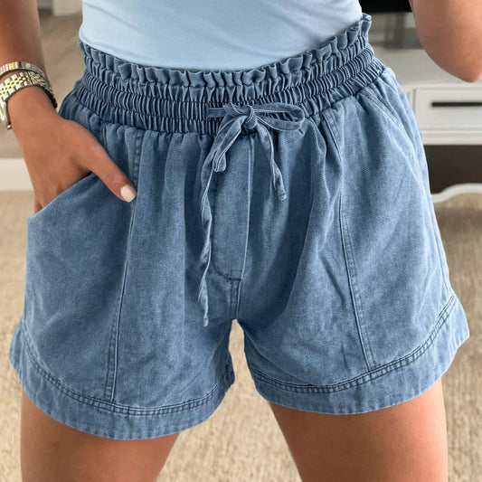 Dusk Blue Smocked Elastic Waist Denim Shorts