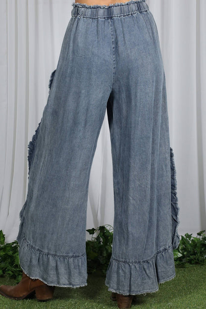 Flared Ruffle Hem Washed Chambray Crop Denim Pants VP83040