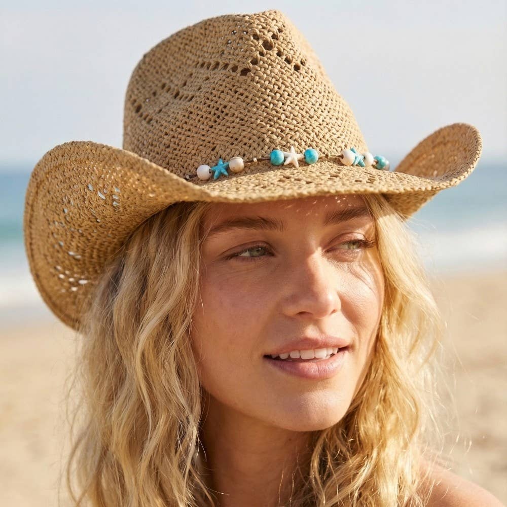 Turquoise And Shell Star Beads Strap Western Straw Hat