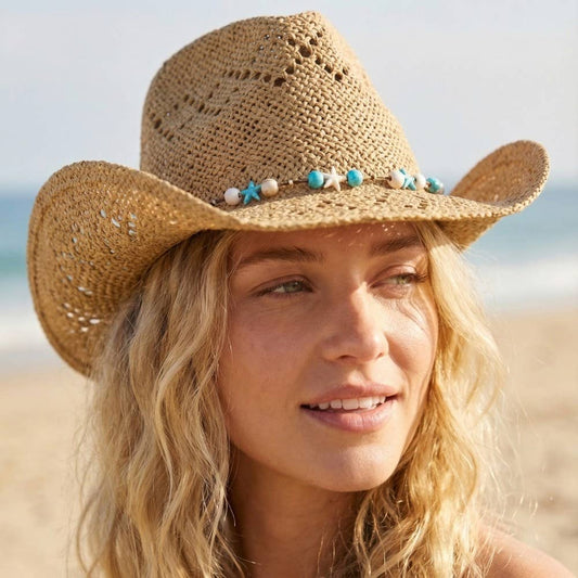 Turquoise And Shell Star Beads Strap Western Straw Hat