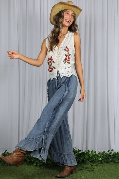 Flared Ruffle Hem Washed Chambray Crop Denim Pants VP83040