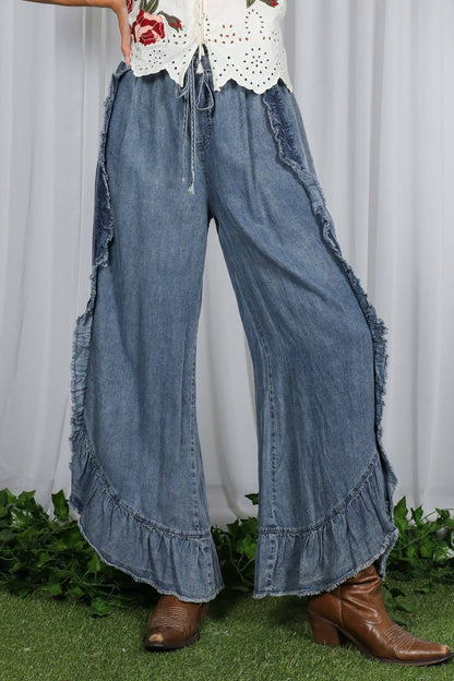 Flared Ruffle Hem Washed Chambray Crop Denim Pants VP83040