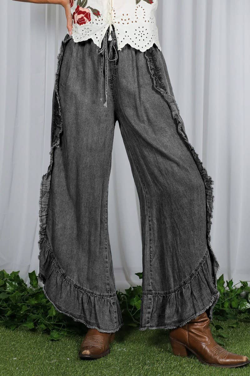 Flared Ruffle Hem Washed Chambray Crop Denim Pants VP83040