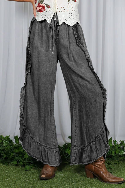 Flared Ruffle Hem Washed Chambray Crop Denim Pants VP83040