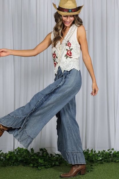 Flared Ruffle Hem Washed Chambray Crop Denim Pants VP83040