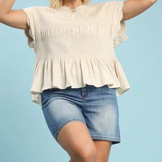 Linen Blend Smocked Peplum Top