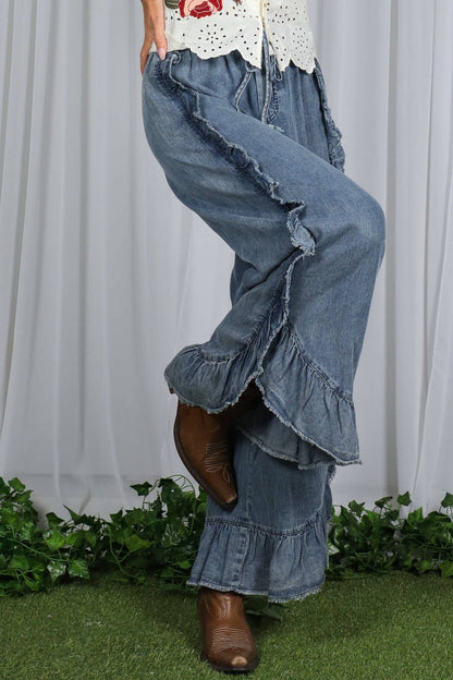 Flared Ruffle Hem Washed Chambray Crop Denim Pants VP83040