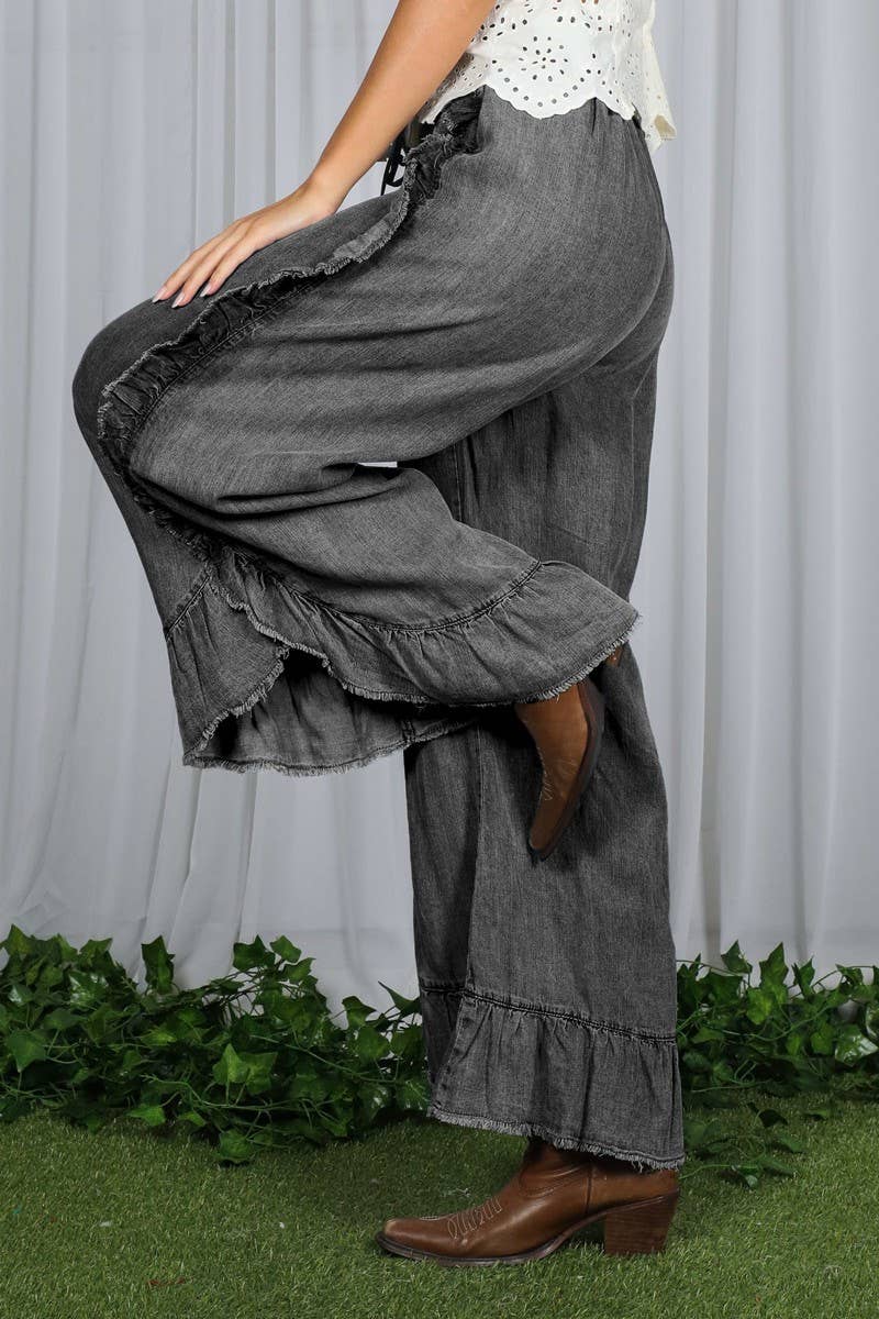 Flared Ruffle Hem Washed Chambray Crop Denim Pants VP83040