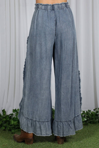 Flared Ruffle Hem Washed Chambray Crop Denim Pants VP83040