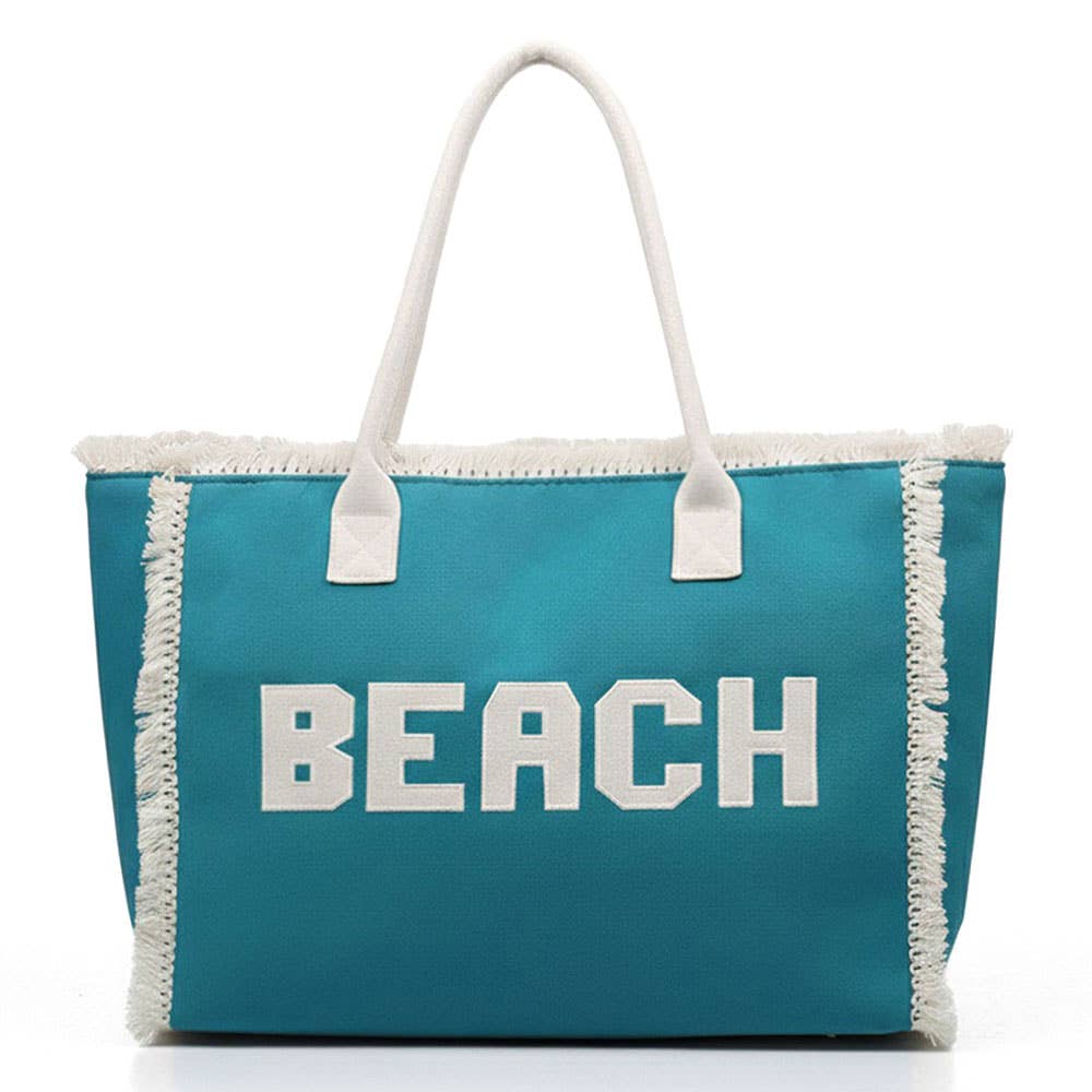 Bold BEACH Letter Embroidered Fringe Tote Bag