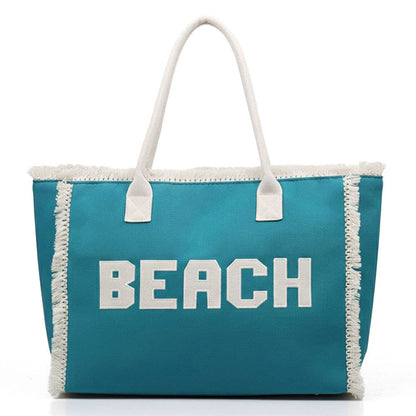 Bold BEACH Letter Embroidered Fringe Tote Bag