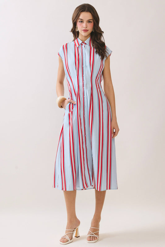 Fitted Bodice Striped Button Down Midi Dress
