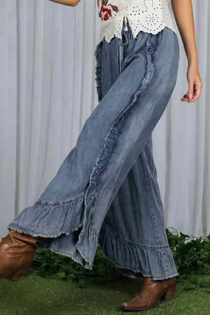 Flared Ruffle Hem Washed Chambray Crop Denim Pants VP83040