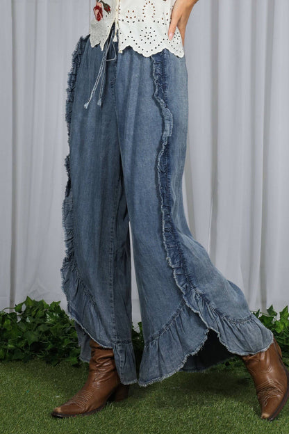 Flared Ruffle Hem Washed Chambray Crop Denim Pants VP83040