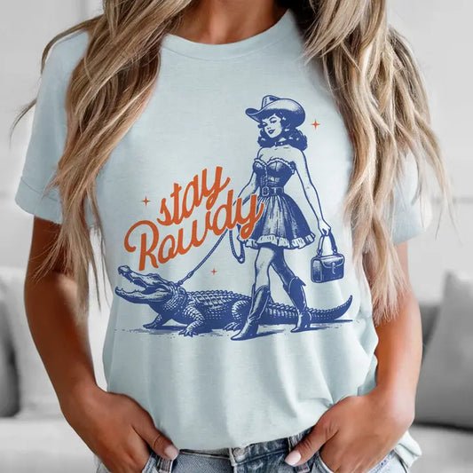 Western Stay Rowdy Retro Cowgirl Alligator tee