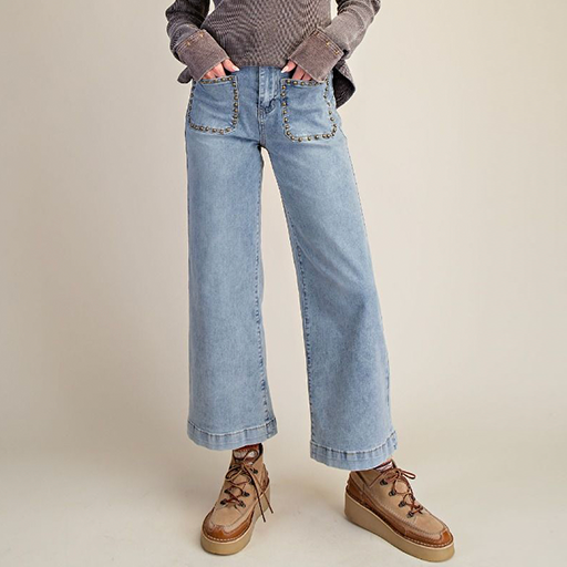 Stud Detailing Washed Denim Pants