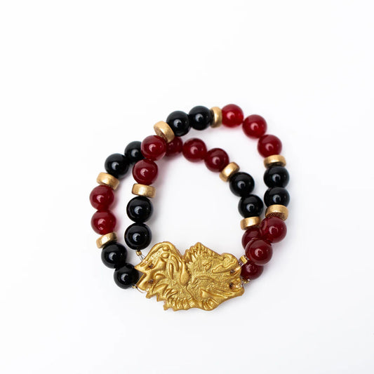 Gamecock Bracelet, Garnet and Black Double Jade