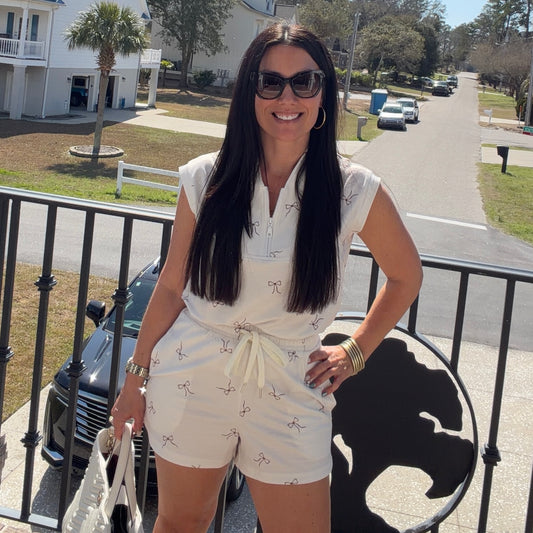 Beige Bow Print Half Zip Tank & Shorts 2-Piece Set