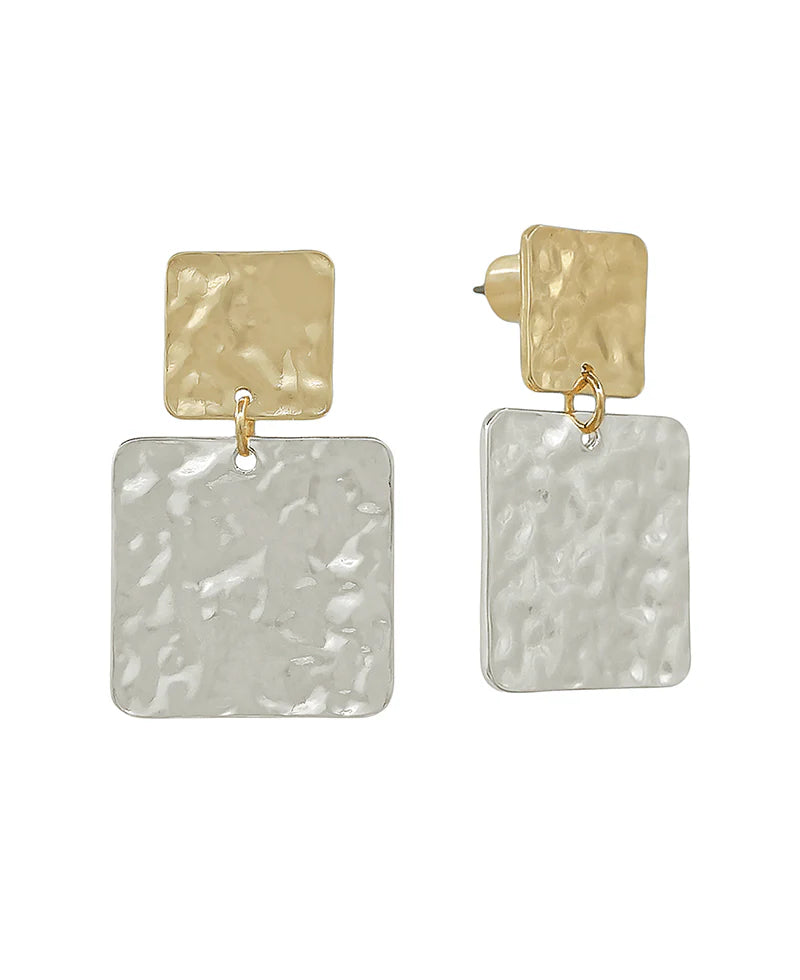 Double Square Hammered Metal Texture Post Earring - 1.2"
