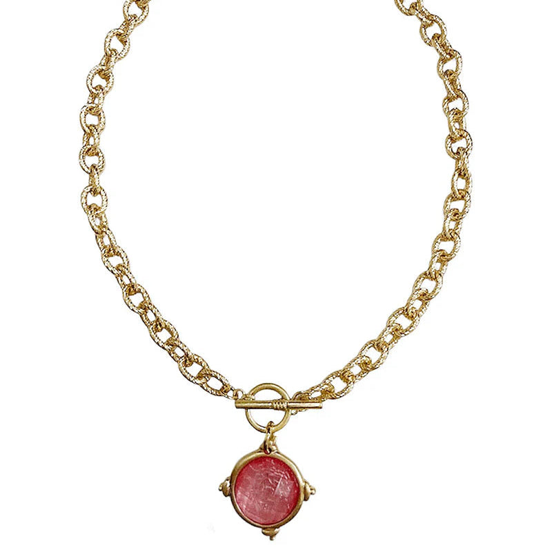 Stone Coin Pendant Chain Toggle Short Necklace