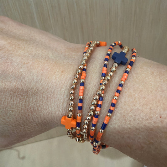 Orange, Purple & gold cross beaded stack bracelet