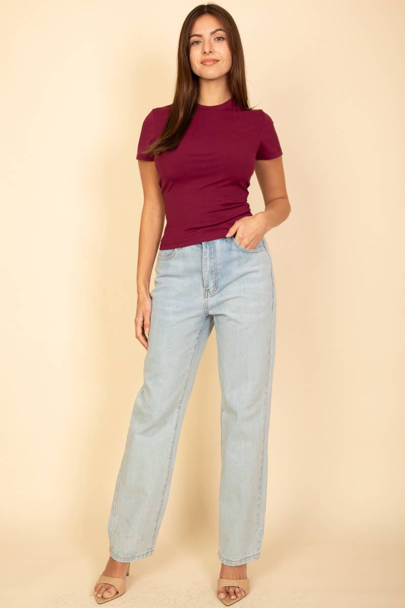 Ribbed Round Neck Short Sleeve Top