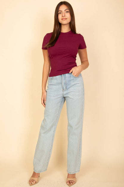 Ribbed Round Neck Short Sleeve Top