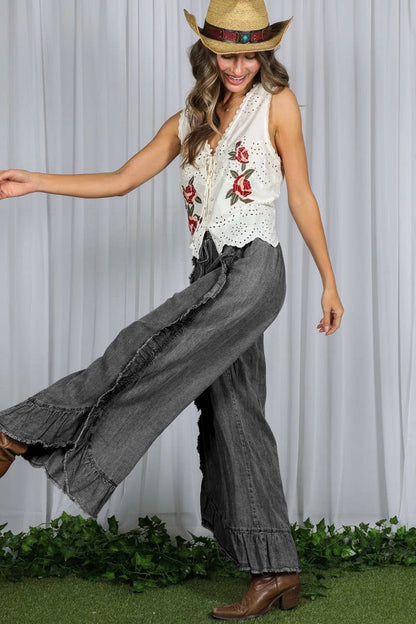 Flared Ruffle Hem Washed Chambray Crop Denim Pants VP83040