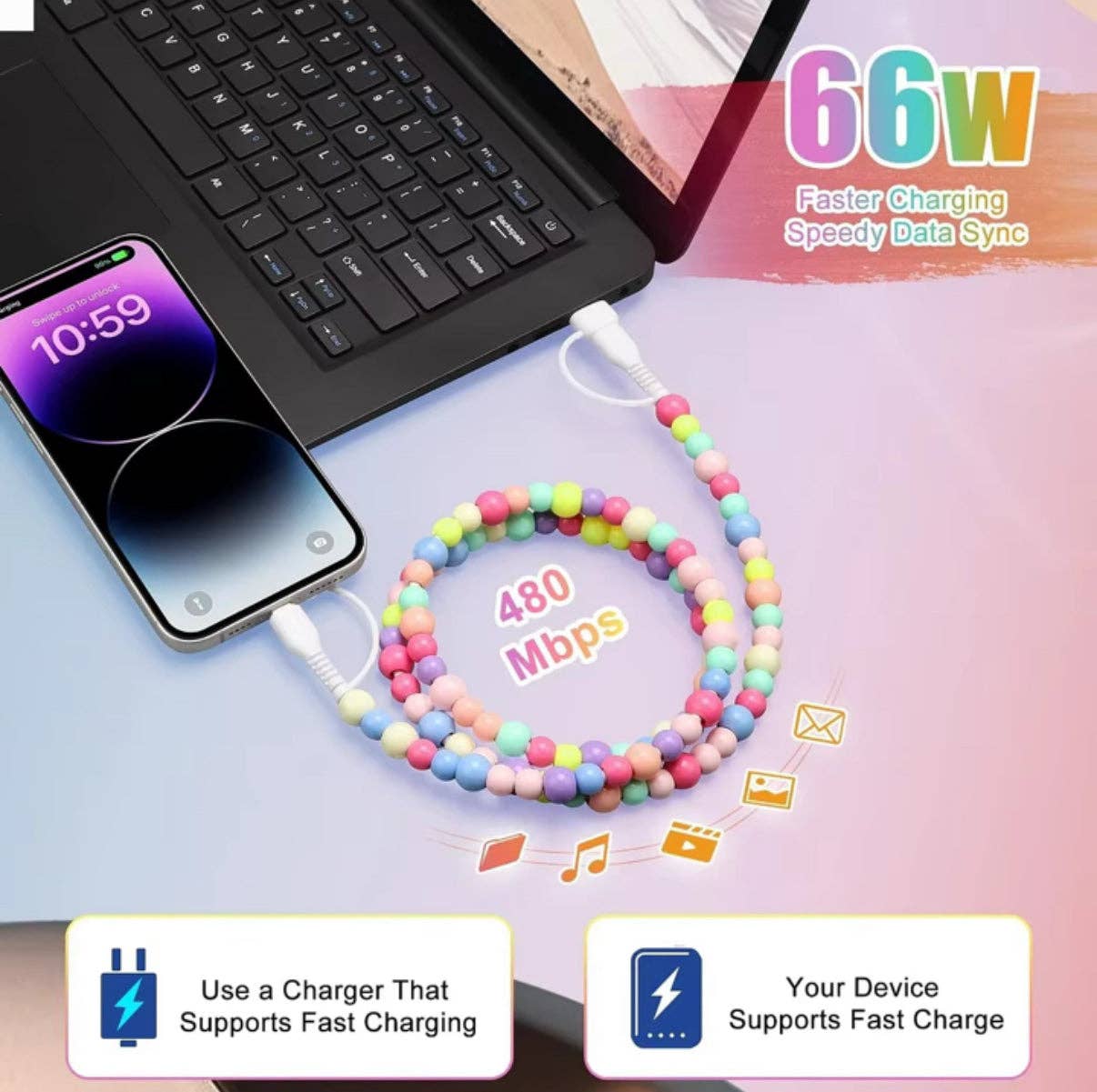 Pink & White Beaded Pearl 4-in-1 Beaded Fast Charging Cable