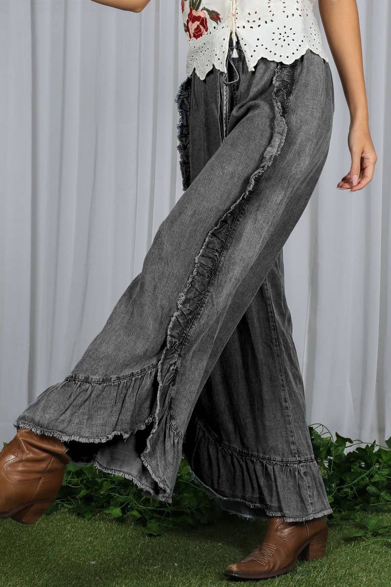Flared Ruffle Hem Washed Chambray Crop Denim Pants VP83040