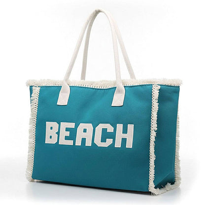 Bold BEACH Letter Embroidered Fringe Tote Bag