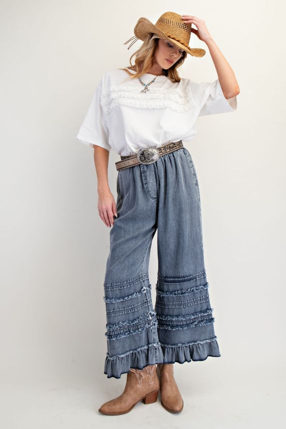 Self Fray Ruffle Bottom Pants