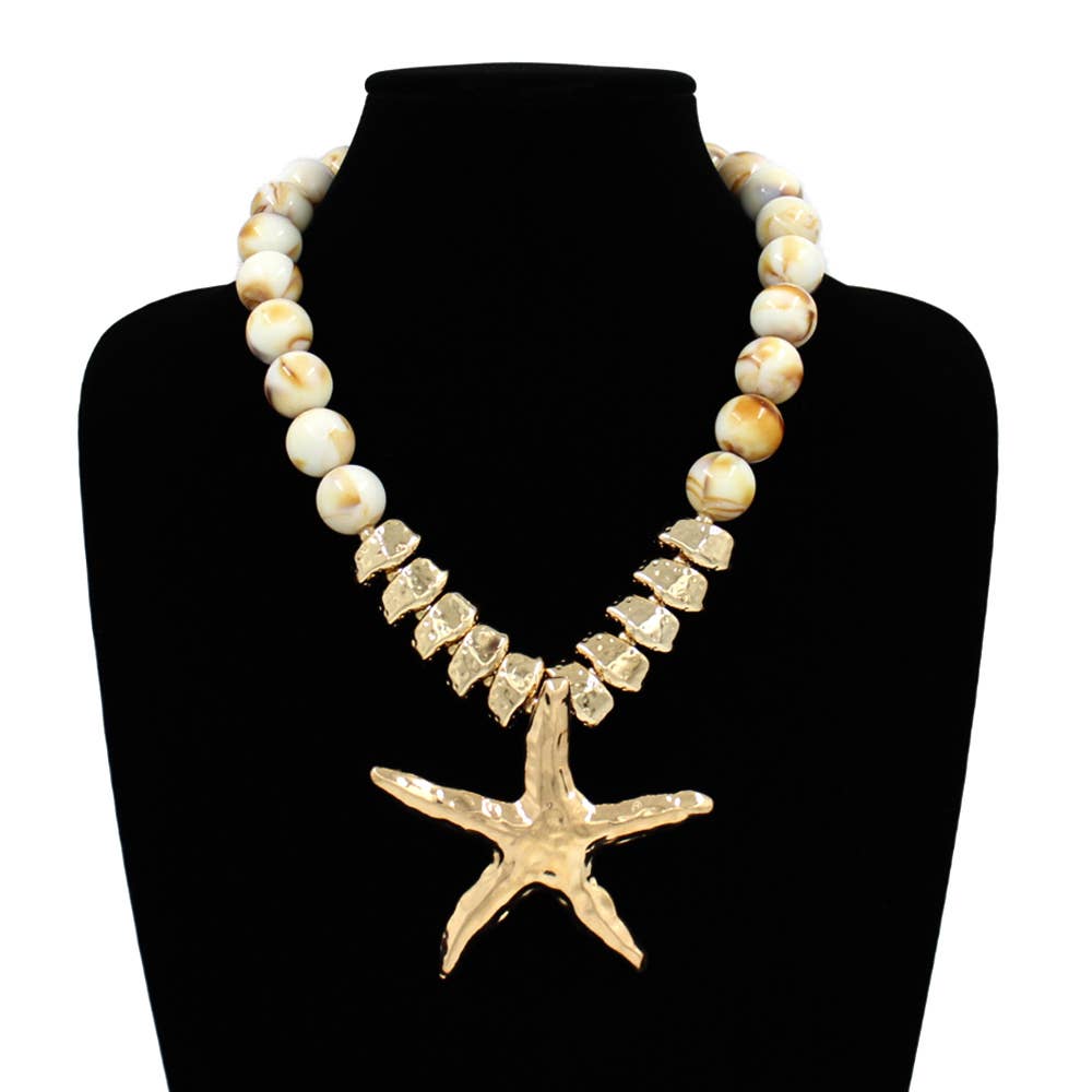 Bold Texture Metal Starfish Pendant Accent Beaded Statement Necklace