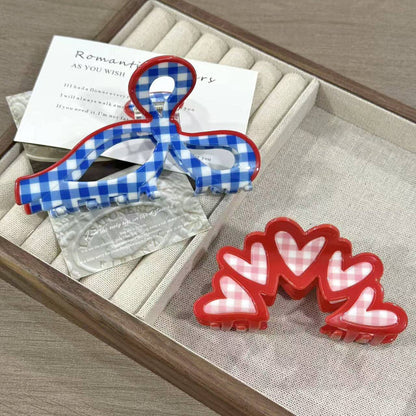 Gingham Bow & Heart Cluster Hair Claw Clip