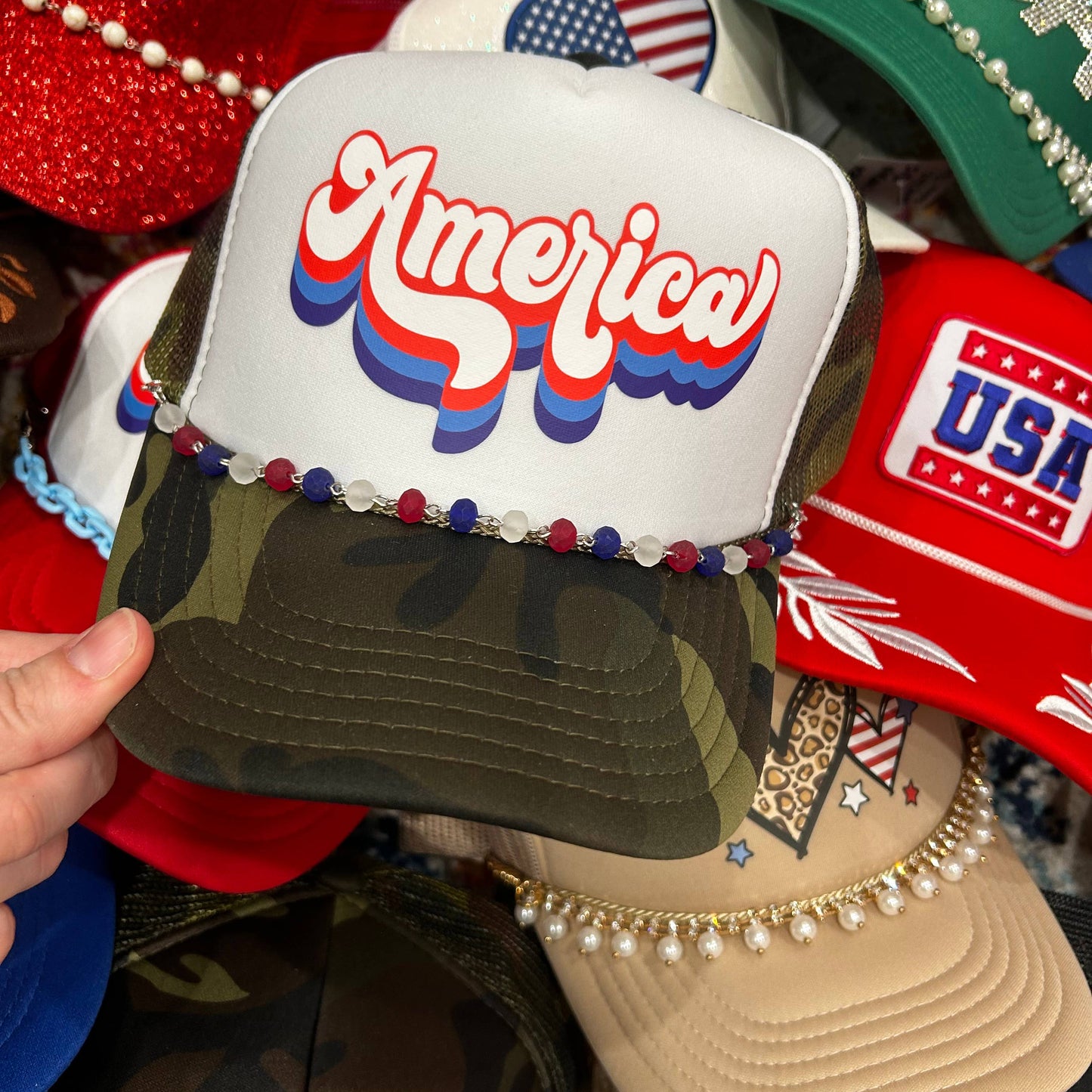 Red, White, & Blue Beaded Trucker Hat Chain