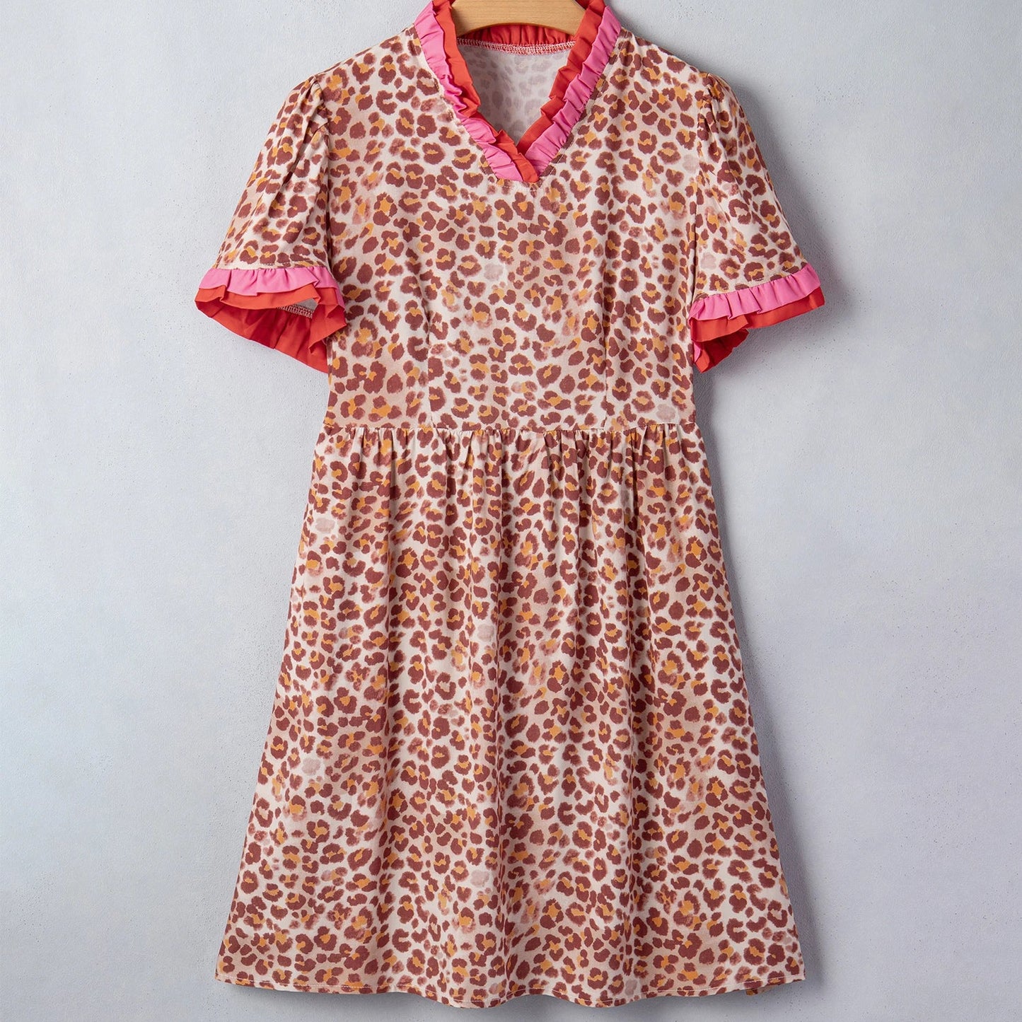 Khaki Leopard High Waist Ruffled Colorblock Trim Short Dress