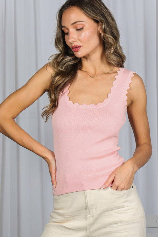 Scallop Edge Embellished Rib Knit Sweater Tank Top