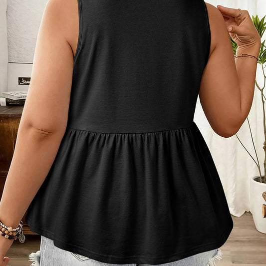 Black Plus Size Solid Color Bow Tie Peplum Tank Top