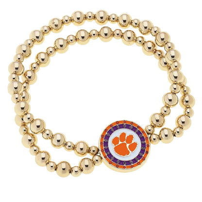 Clemson Tigers Pave Disc 2-Row Ball Bead Stretch Bracelet in Shiny Gold
