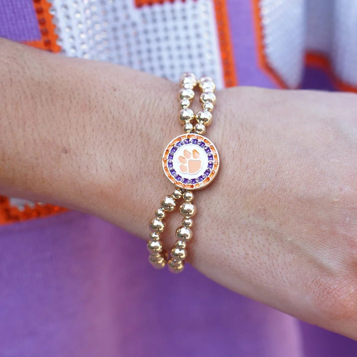 Clemson Tigers Pave Disc 2-Row Ball Bead Stretch Bracelet in Shiny Gold