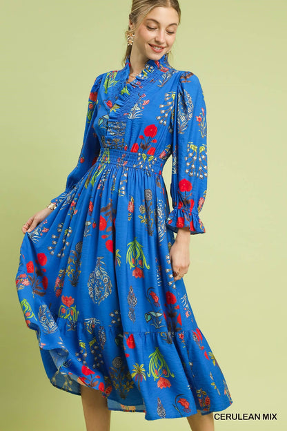 Mix Smocked Waist Floral Midi Dress