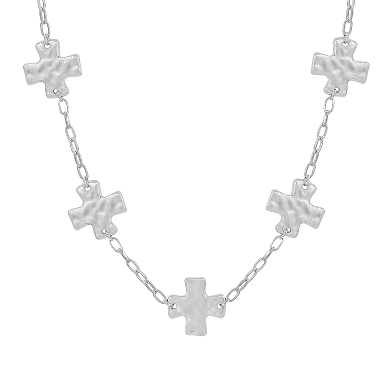 Hammered Metal Cross Station Chain Short Necklace