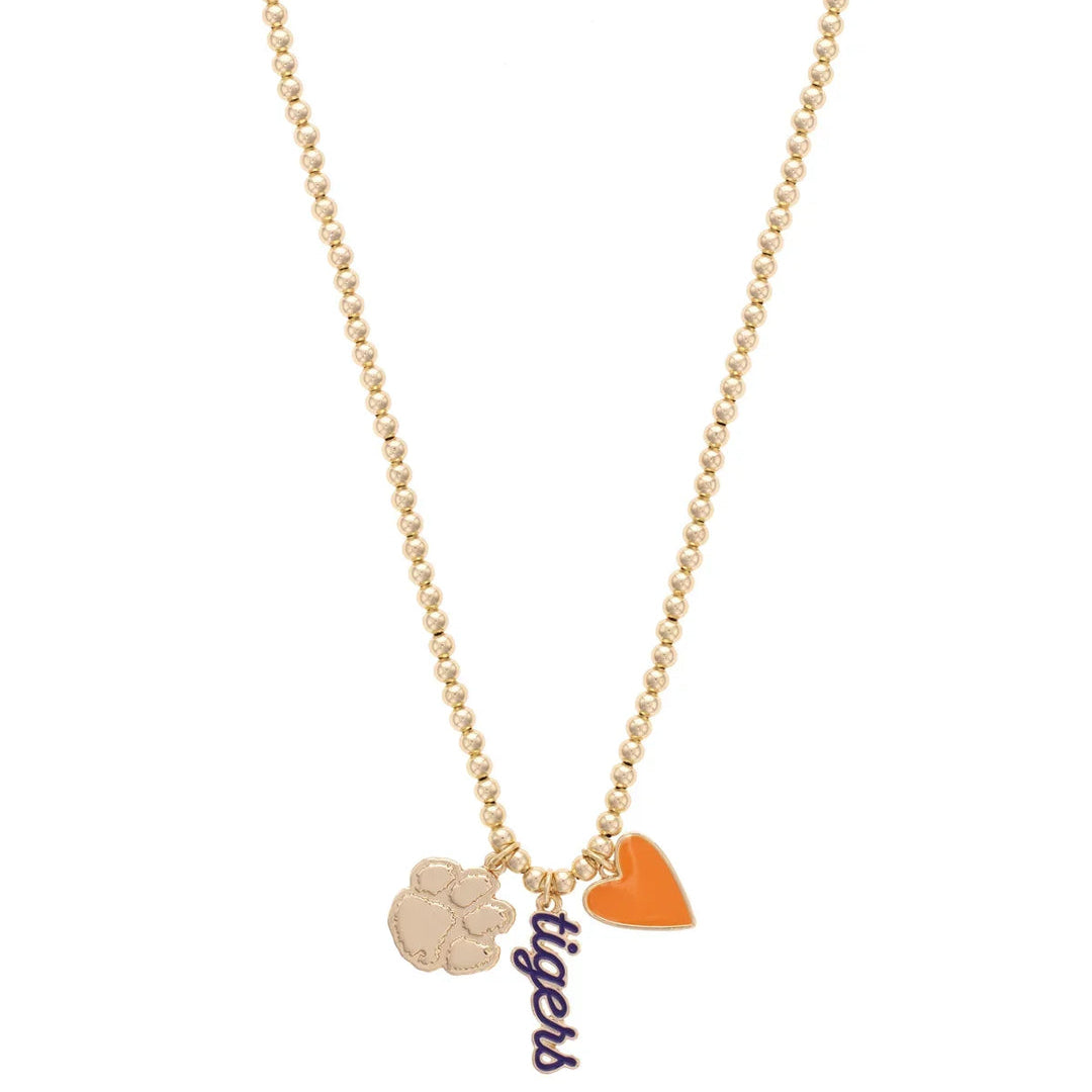 Clemson Tigers Ball Bead Charm Necklace in Shiny Gold